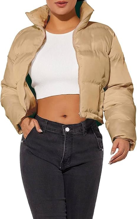 Bonkers Corner CRAMPLEÂ®Women's Cropped Puffer Jacket, Zip-Up Winter Coat, Casual Streetwear Style in neutral