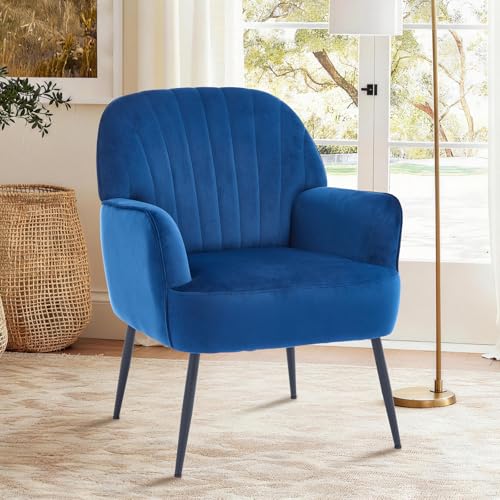 Holiway Velvet Accent Chair, Upholstered Modern Leisure Single Sofa Side Living Room Chair, Comfy Tufted Back Armchair with Metal Legs for Waiting Room/Bedroom/Office/Reading Room, Blue