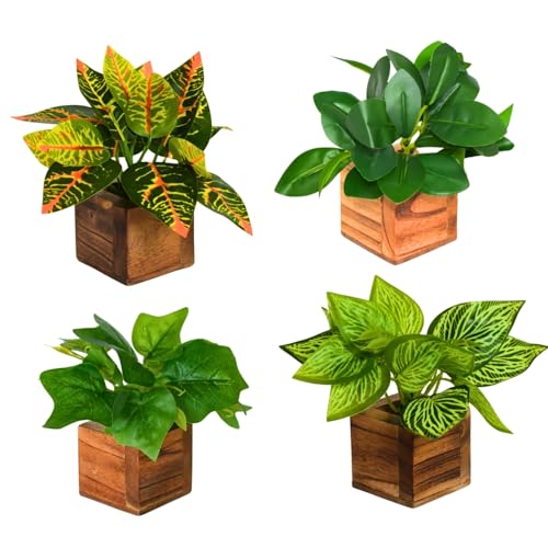 Image of DecoreBugs Artificial Leaves Potted Plants in Wooden Pot (4 Pack) Money Plant | Small Plants for Home Decor | Office Decor