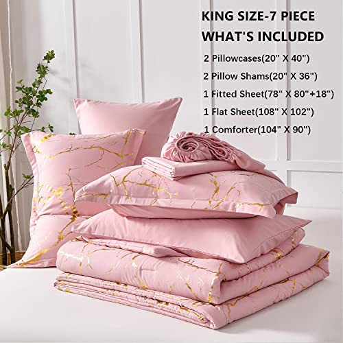Yogeneg Gold Metallic Marble King Size Comforter Set,7 Piece Bed In A Bag,Foil Print Glitter Pink Comforter And Sheet Set,All Season Soft Microfiber Complete Bedding Sets(Pink,King) #TOP5