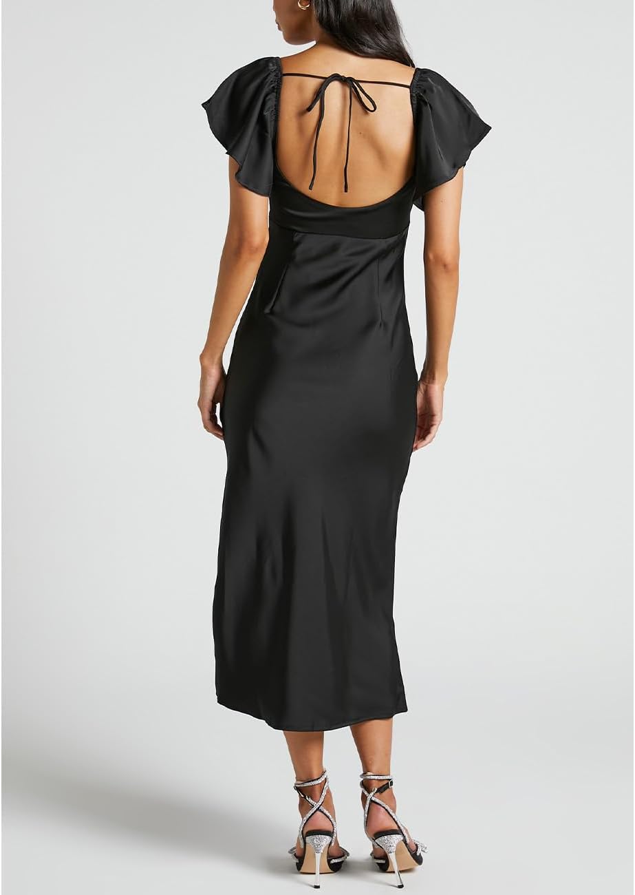 Summer Satin Flutter Sleeve Wedding Guest Dresses for Women Sweetheart Neckline Cutout Tie Back Midi Cocktail Dress - Image 4