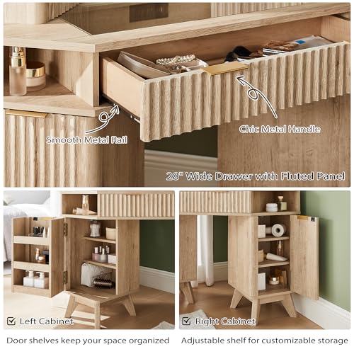 T4TREAM Fluted Makeup Vanity Desk with 3 Way Mirror and Lights, 48" Large Corner Vanity Table with Glass Top, Charging Station, 3 Drawers, Storage Cabinets & Shelves, for Bedroom, Natural Oak