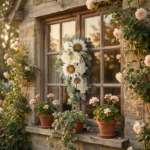 Summer Swag - 28” Sunflower, Peony, Rose Teardrop Swag for Front Door, Porch Wall, Window - Artificial White Flowers Teardrop Wreath for Home Spring, Summer, Fall, All Seasons, Everyday Decor (1) - Image 6