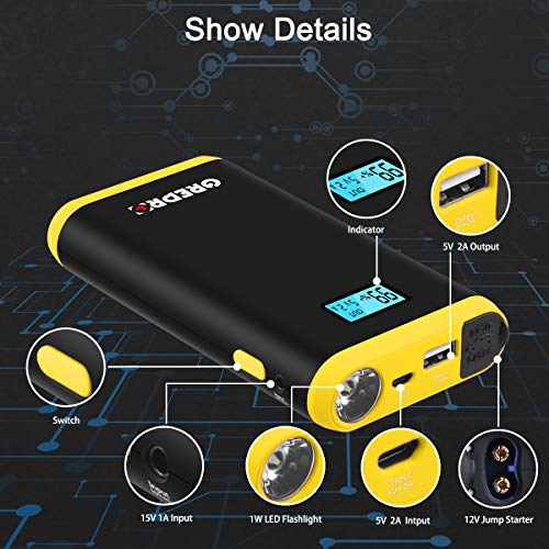 GREPRO Car Battery Jump Starter for 12V Vehicle (up to 4.5L Gas, 2.5L Diesel Engine), Battery Booster Jump Starter with LED Flashlight and LCD Screen, Portable Power Pack with Quick Charge