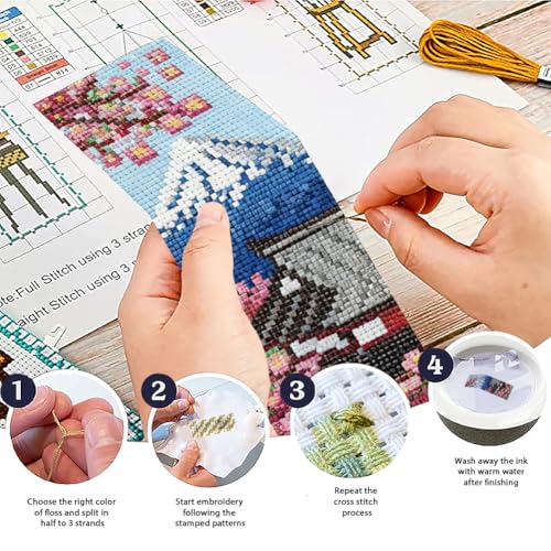 Image of ACRNIGHEET 6PCS Cross Stitch Bookmark Kit for Beginner Stamped Cross Stitch Kits for Adults Japanese Style DIY Embroidery Bookmark Kits Needlepoint Kit with Instructions Craft Gift 8.5''x3'' 11CT
