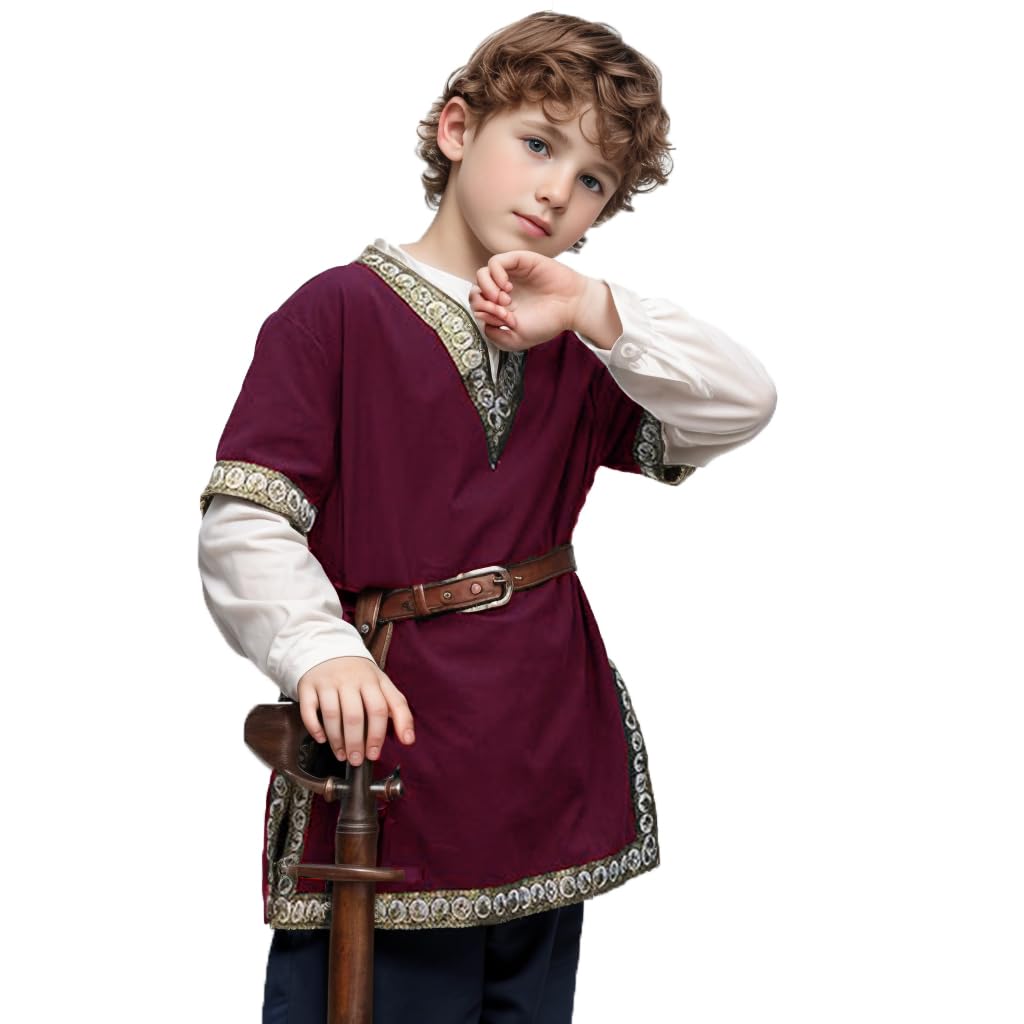 CAMDOM Boys Renaissance Viking Pirate V Neck Shirt Medieval Knight Costume Tops Red, 10-12 Years