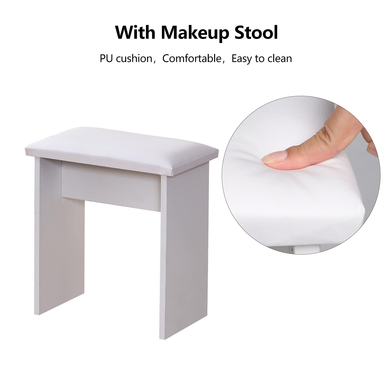 LEMROE Toeletta bianca con 1 grande cassetto e sgabello, tavolo da trucco con luci LED Hollywood, mobili per la casa e la camera da letto (bianco, 1 cassetto)