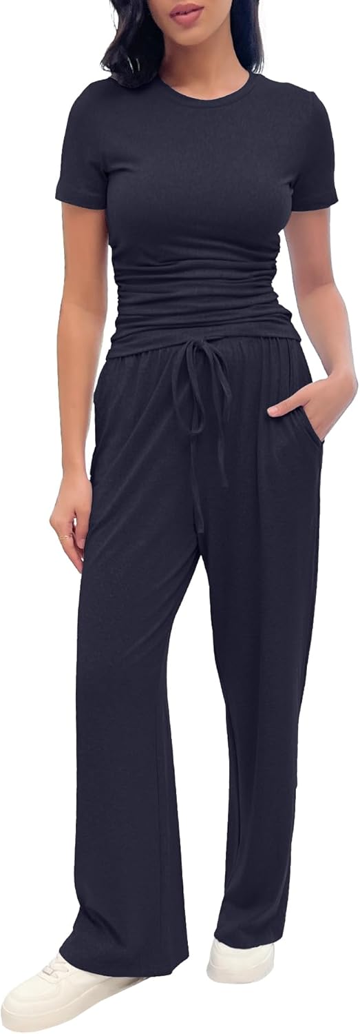 2 Piece Pajama Set for Women with Pockets, Short Sleeve Ruched Top, Wide Leg Pants with Drawstring, Soft Loungewear