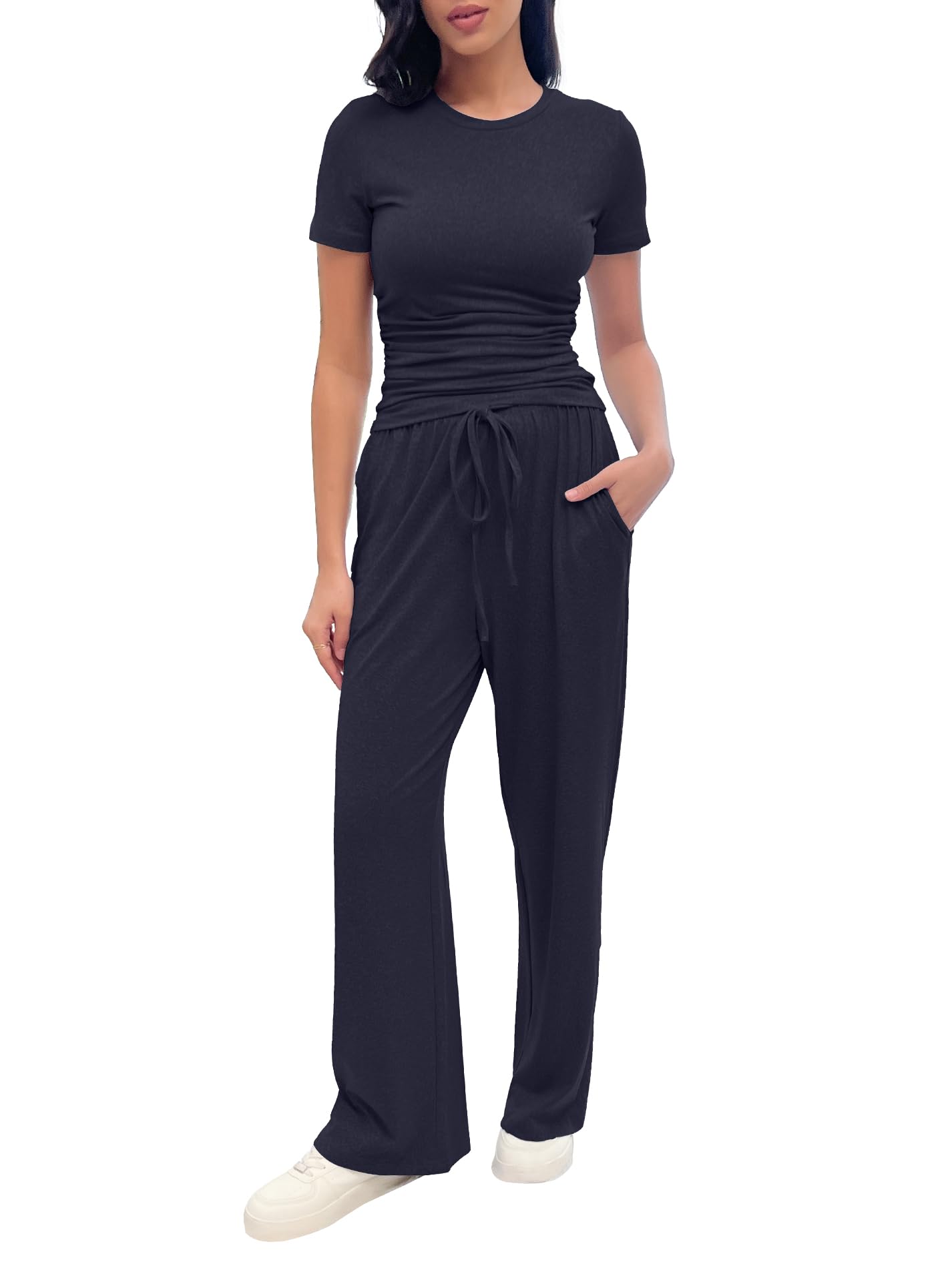 2 Piece Pajama Set for Women with Pockets Short Sleeve Ruched Top Wide Leg Pants with Drawstring Soft