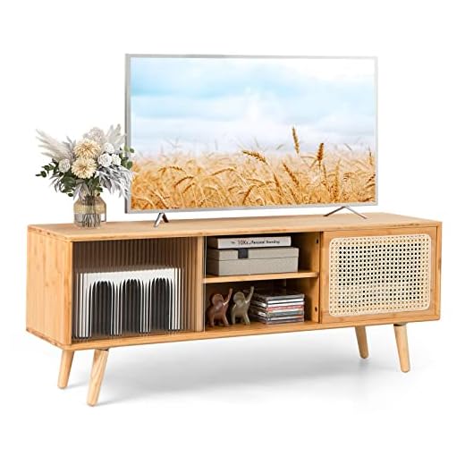 Tangkula Mid Century Modern TV Stand for TVs up to 55 Inch, Bamboo Entertainment Center w/Rattan & Tempered Glass Sliding Doors, Media Console w/Adjustable Shelf & Wood Legs for Living Room (Natural)