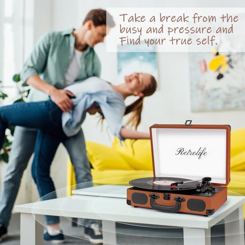 Image of Vinyl Record Player 3-Speed Bluetooth Suitcase Portable Belt-Driven Record Player with Built-in Speakers RCA Line Out AUX in Headphone Jack Vintage Turntable Brown