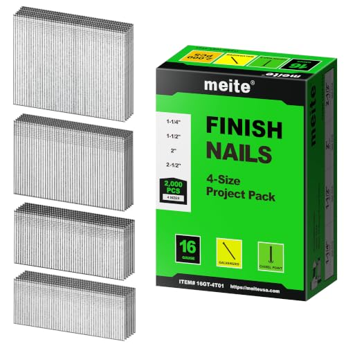meite 16 Gauge Finish Nails 4 Sizes Straight T-Nails Galvanized 2,000PCS