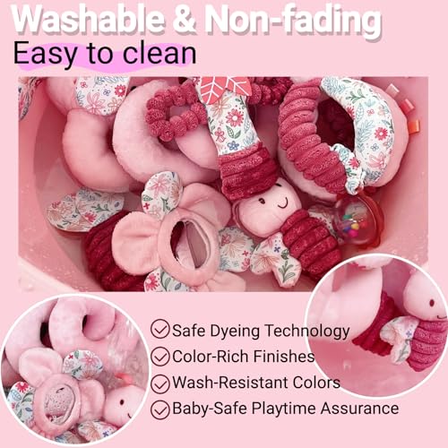 Image of Baby Spiral Car Seat Toys for Babies 0-6 Months Girl, Stroller Hanging Stuffed Animal Carseat Crinkle Rabbit Toy 0-3-4-5-6-7-8-9-12 Month, Newborn Infant Toddler Birthday Gifts Set Bunny 3PCS