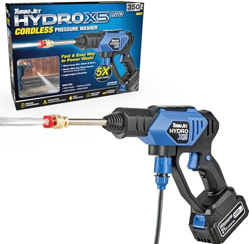 Ontel Turbo Jet HydroX5 Pro Portable Cordless Pressure Washer (21V 3000mAh Battery), 6-in-1 Nozzle, Dual Water Source, 16ft Detachable Hose