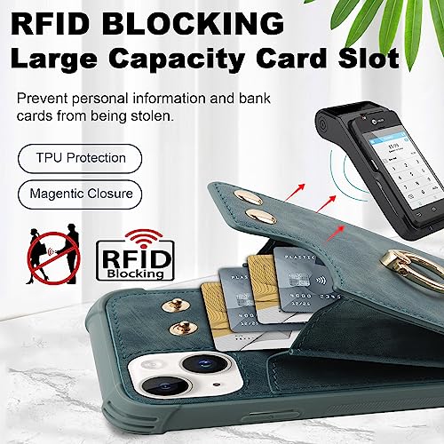 PPYTWOPY Compatible for iPhone 15 Wallet Case with Credit Card Holder,Leather Shockproof Protective Phone Cover 6.1 inch Supports 360°Rotation Ring Stand and RFID Blocking,Blue Green
