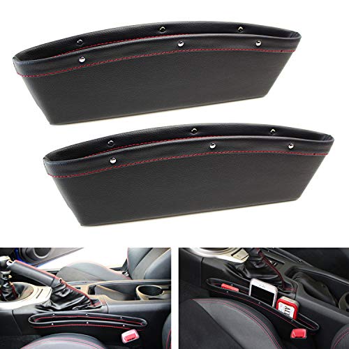 iJDMTOY (2) Black Leather Car Side Pocket Organizers, Car Seat Catchers Compatible With Key, Wallet, Cell Phone, Sunglasses, etc