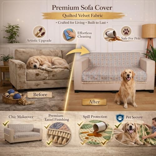 Image of STITCHNEST Quilted Velvet Sofa Cover with Tassels - 48x60 Inch, Multicolor Pastel Geometric Design, Soft & Luxurious, Washable Sofa Protector for 2-Seater
