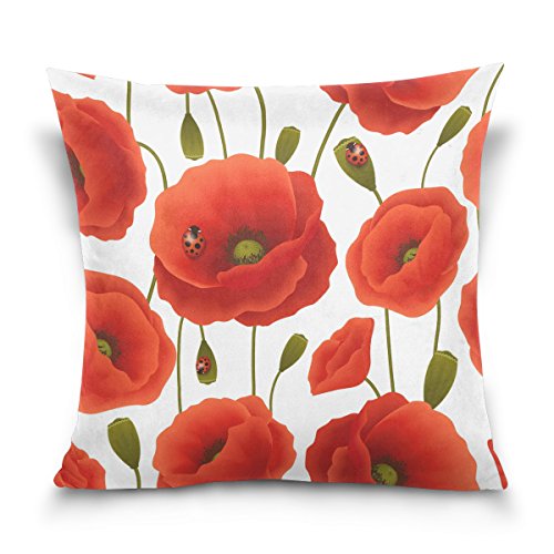 Use7 Housse de coussin décorative carrée - Motif coquelicot - Rouge - 40 x 40 cm - Double face
