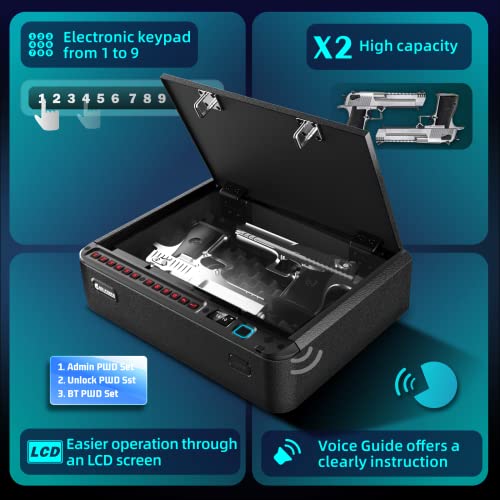 Billconch Smart Gun Safe - Biometric Gun Safe For Pistols With Fingerprint/Full-Digital Keypad/Key/Smartphone Lock, Quick-Access Pistol Safe For Beside Nightstand Handgun Safe With Lcd/Voice Guide #TOP2