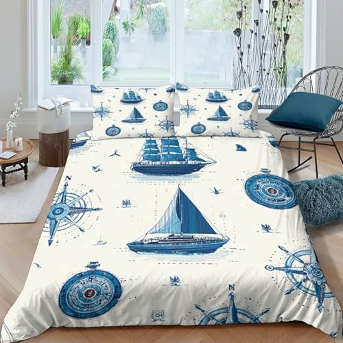 blue maritime style Funda de Edredón de poliéster Tres Piezas Diseño 3D con Cremallera blue maritime estilo Funda Edredon incluye Fundas de Almohada Suave Transpirable for niños y niñas （140x200cm）