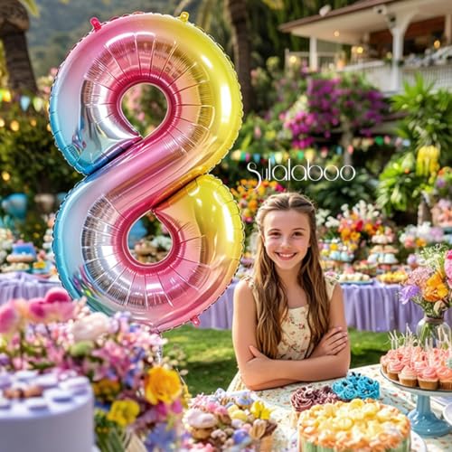 Image of Rainbow Gradient Number 8 Balloon 40 Inch Big Large Balloons 0-9 | 8th Helium Foil Mylar Number Balloons for Birthday Anniversary Party Decorations