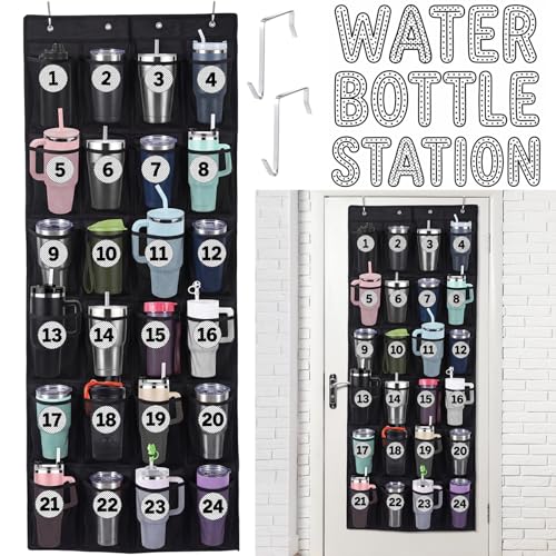 Fanfanwin 24 Pocket Water Bottle Organizer for Classroom Over Door Storage | Fits Classroom Doors, 24 Numbered Clear Pockets, Non Woven Fabric, Hydration Station Organizer, ideal for School