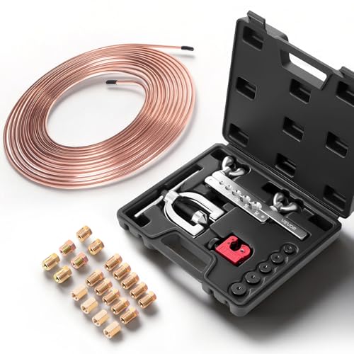 VEVOR 3/16" Brake Line Repair Kit, 45° Double & Single Brake Line Flaring Tool Kit, 25FT Copper Coated Brake Line (with 16 Fittings & 4 Unions) - Tube Cutter, 5 Adapters and Toolbox Included