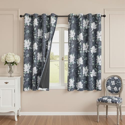 Image of MYSKY HOME Floral 95% Blackout Curtains 54 Inches Long 2 Panels Black Out Thermal Insulated Privacy Protect Modern Flower Print for Samll Window, Pack-2, 52 inch W Each Panel, Deep Grey