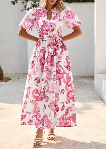 Image of KIRUNDO Women Spring Summer Wedding Guest Boho Floral Maxi Dress Puff Sleeve Button Shirt V Neck Flowy Beach Vacation Dress