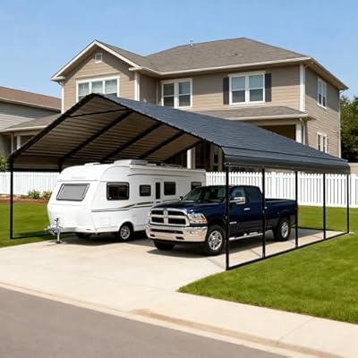FILLOSLOV Heavy Duty Metal Carport 20x20 FT Galvanized Steel Carport Shelter for 2 Car Extra Large Canopy for Dual Vehicle, RV Boat Storage All Weather Protection Garage Party Tent (20x20 FT)