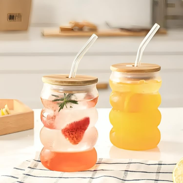 Image of SKDBPM Can with Straw, Transparent Glass Fruit Juice Milk Sipper Tumbler Mug with Lid and Glass Straw - 540ml - Pack of 1 (CAN Shape Sipper)