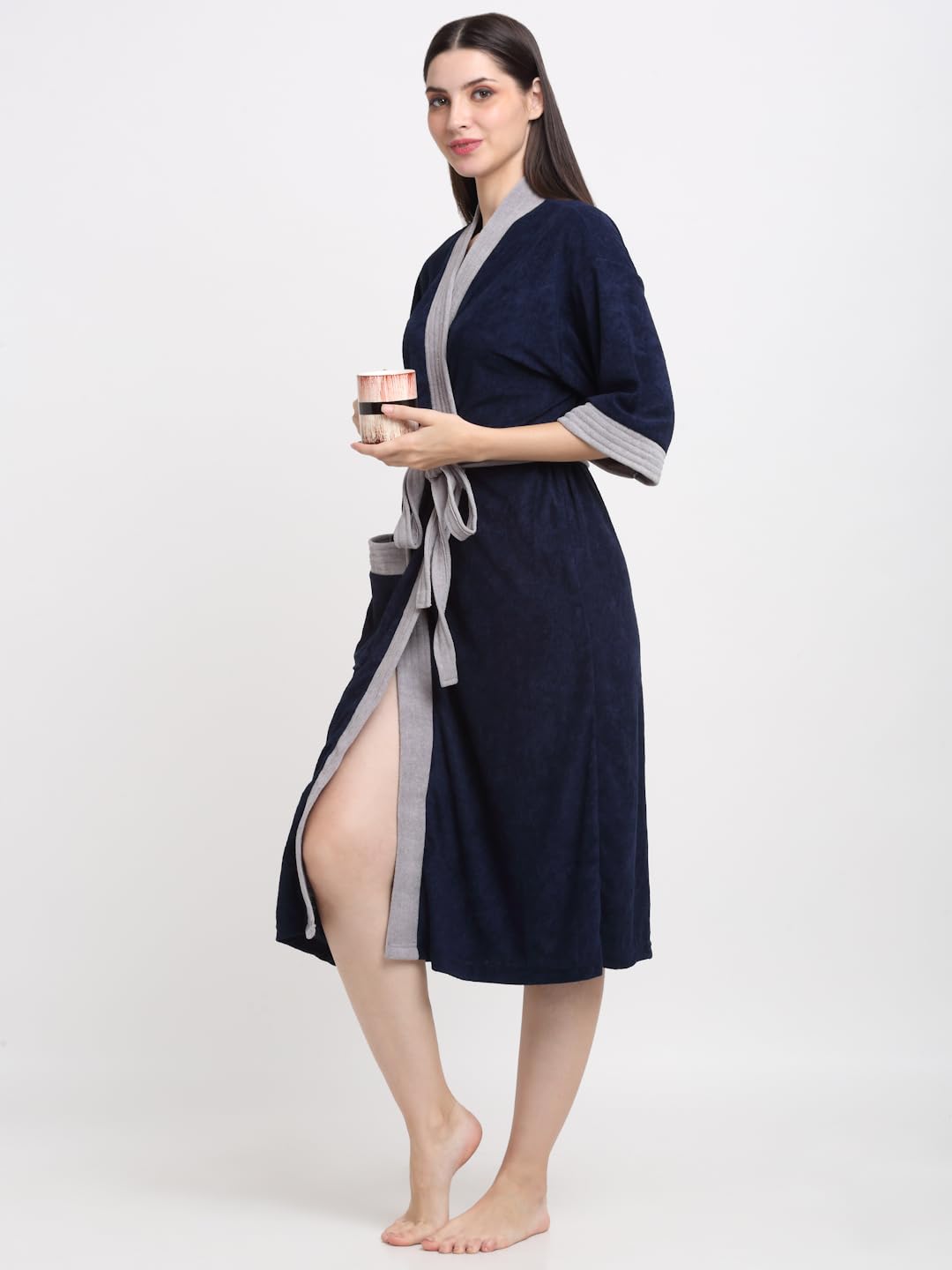 CREEVA Everyday Unisex Micro Terry Bathrobe Collection With kimono collar and 1 Pocket, 3/4 Sleeve Bath Robe Super Soft Light Weight - Navy & Grey - Image 4 thumbnail