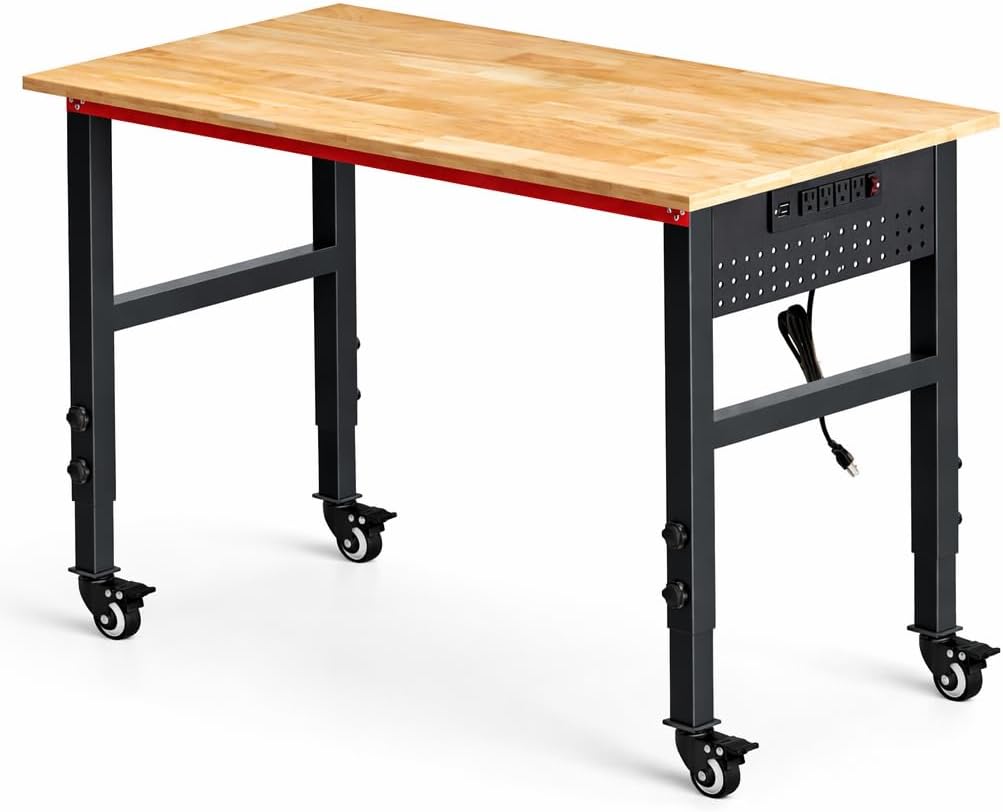 48" Workbench with Wheels, Adjustable Height Workbench with Power Strip & Pegboard, 2000LBS Solid Wood Top Work Table with Reinforced Steel Frame for Garage, Workshop, Office, Home
