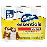 Charmin Essentials Strong Mega 2-Ply Toilet Paper Rolls, 4' x 4-1/2', White, 429 Sheets Per Roll, Pack of 9 Rolls