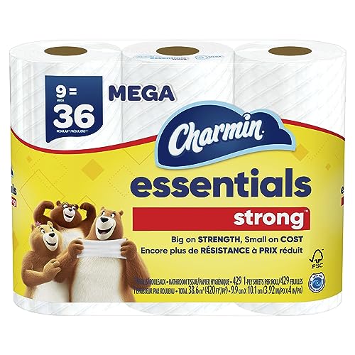 Charmin Essentials Strong Toilet Paper, 9 Mega Rolls = 36 Regular Rolls
