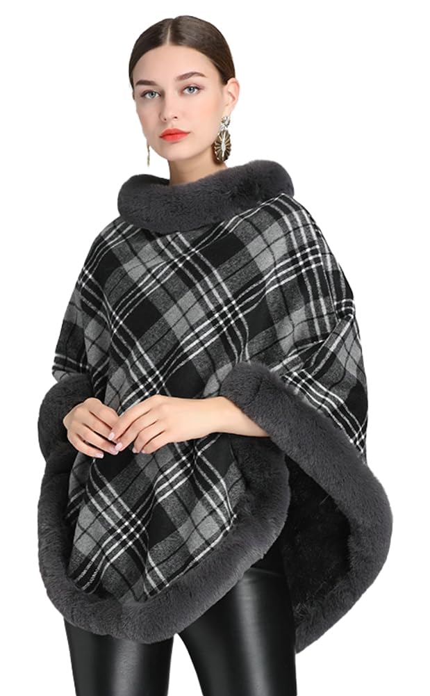 Poncho da donna mantello plaid pullover mantello spesso in pelliccia sintetica scialle avvolgente manica a pipistrello maglione invernale di lana
