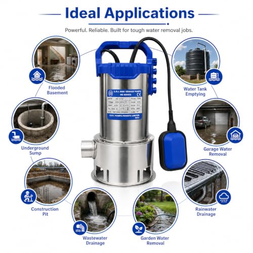 Image of CRI Single Phase MS- Series, 1Hp /750W Submersible Sewage Pump with Float Switch (12000 L /H, Head 8m) I Water Drainage Pump | Water Pump 1hp | 15 Months Warranty