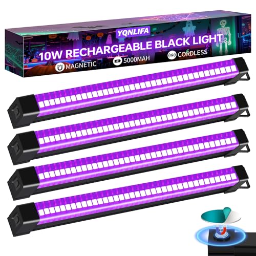 Image of YQNLIFA 5000mAh Rechargeable Black Light Bar, Battery Powered Black Lights for Glow Party, Cordless Blacklight Strip for Halloween Decorations, Fluorescent Poster, Body Paint, Uranium Glass, 4 Pack