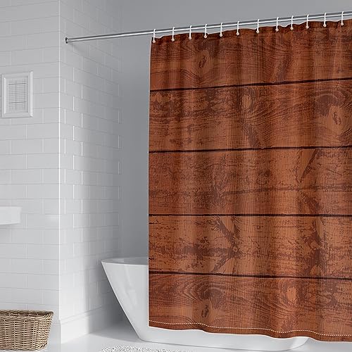 Musihy Cortina de baño y ducha antimoho, poliéster marrón rojizo, tabla de madera horizontal, cortina de ducha con orificios de botón reforzados, 165 x 200 cm