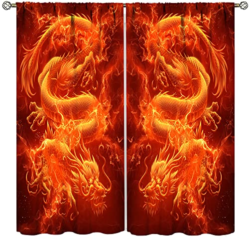 Dragon Curtain for Boys Bedroom, Fantasy Fire Dragon Blackout Window Treatments for Living Room Decor, Cooling Loong Dragon Monster Print Drapes 2 Panel Sets, 72x63 Inch -  YCness