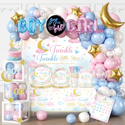 Cocomigo 292pcs Twinkle Twinkle Little Star Gender Reveal Decorations Worry-free One-stop Set for 25 People Includes Thickened Plates Cupcake Toppers and Centerpieces in the Same Style