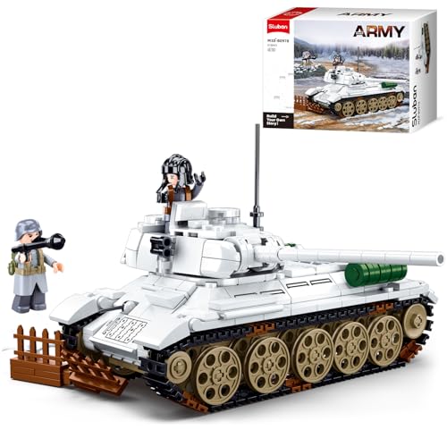 WW2 Army Tank, Inspired T34-85 Medium Tank Brick Building Set, Military Model Toy Kits, 2 Soldier Minifigures, Gifts for 7 8 9 10 11 12 Year Old Kids, Compatible with Lego Army, 518 PCS