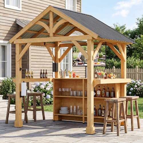 Outdoor Wood Bar Pavilion with Galvanized Steel Roof, Patio Bar Counter with Storage Shelves, All-Weather Backyard Entertaining Station for BBQ, Pool Party, Garden Deck