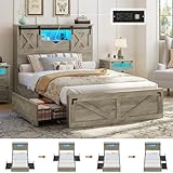 Hasuit Farmhouse Bed Frame Twin Size with 2 Storage Drawers, Wooden Platform Twin Bed with LED Lights and Charging Station, Rustic Accent Headboard with Sliding Barn Door Storage Cabinets