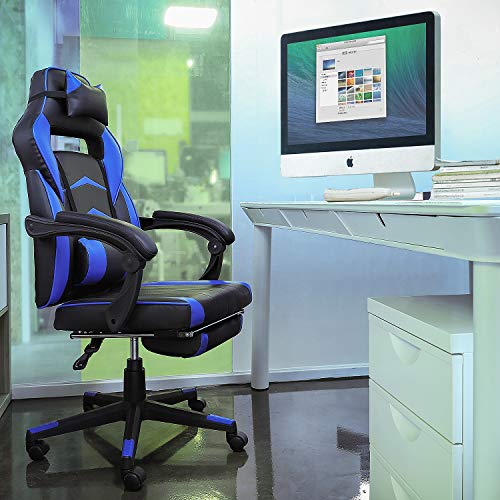 FIXKIT- Gaming Chair Silla de Oficina Gaming con Reposapiés Plegable, Reposabrazos, Almohada, Silla Giratoria Ergonómica para PC Ajustable en Altura, Silla Ejecutiva y de Competición, Azul
