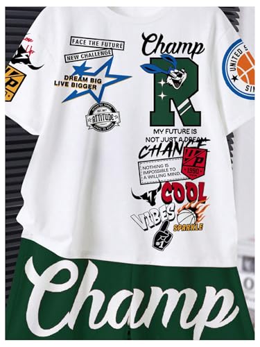 Image of BEAUDRM Boy's 2 Piece Outfits Graphic Crewneck Short Sleeve T shirt and Track Shorts Summer Clothing Sets