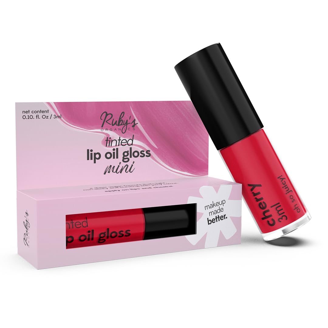 Ruby's Organics Mini Lip Oil Gloss for Women & Girls, All Skin Tones- Moisturizing, Long Lasting, Non Sticky & Non Drying Formula, Glossy Texture, Natural Lip Makeup, Paraben Free - Cherry, 3 ml