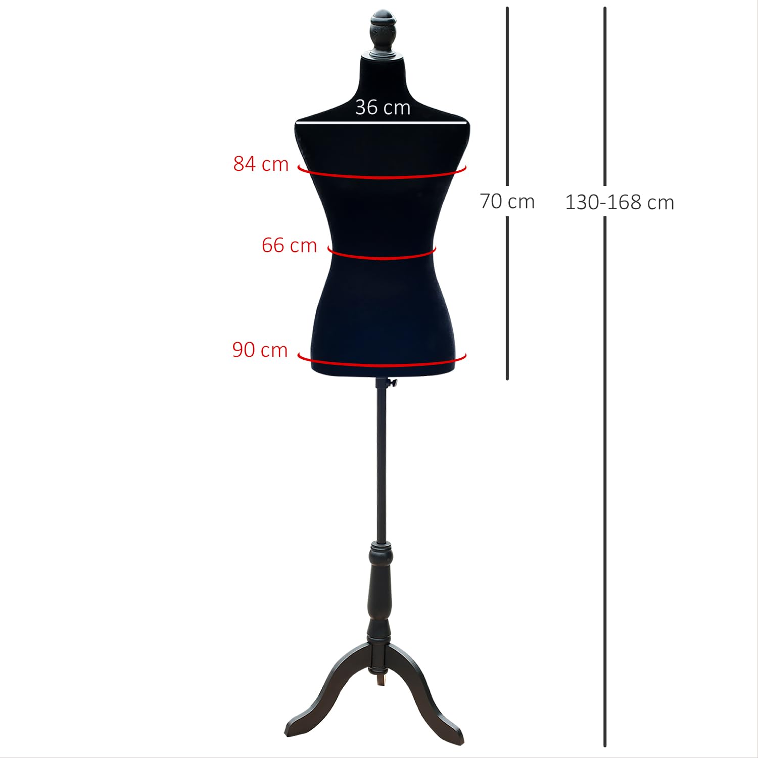 HOMCOM Maniquí de Costura Maniquí Mujer Ajustable a 130-168 cm con Trípode de Madera 50 Alfileres de Colores para Fotografía de Moda Exposición de Prendas Negro