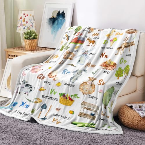 Farm Animals Print Throw Blanket, Alphabet Learning Cozy Warm Bed Couch Blanket, Cute Kids Decor White Fleece Flannel Throws to Decorate The Room and Bedroom