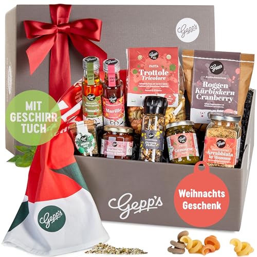 Gepp's Feinkost Geschenkkorb mit vielen Delikatessen & Geschirrtuch zu Weihnachten I Weihnachts-Geschenk mit Gourmet-Pesto, Pasta-Gewürz, Brotbackmischung, Bio-Olivenöl & Kräutersalz für jeden Anlass